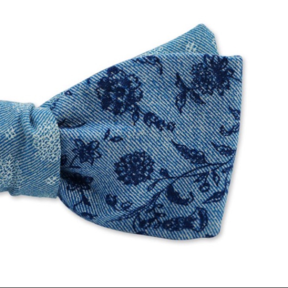 ZB Savoy Floral Sapphire Blue Chambray Denim Bow Tie - Picture 4 of 8